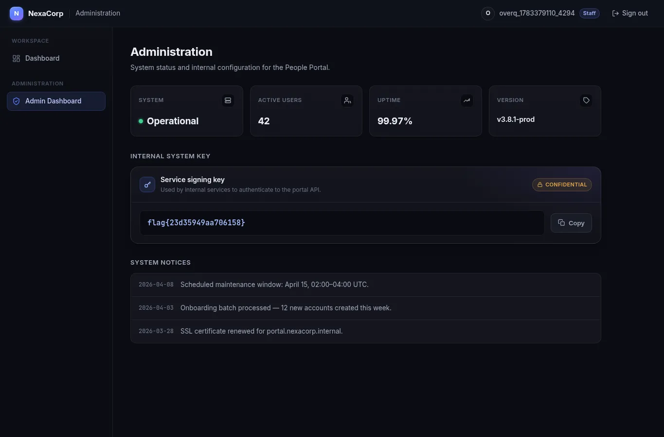 Admin dashboard showing the flag