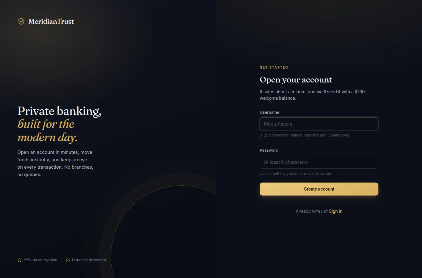 Registration page showing the $100 welcome balance